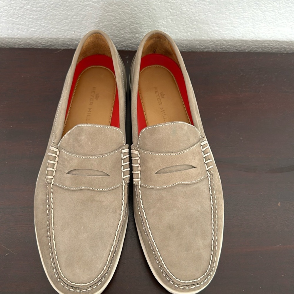 Peter Millar Taupe Suede Penny Loafers with Red Insoles